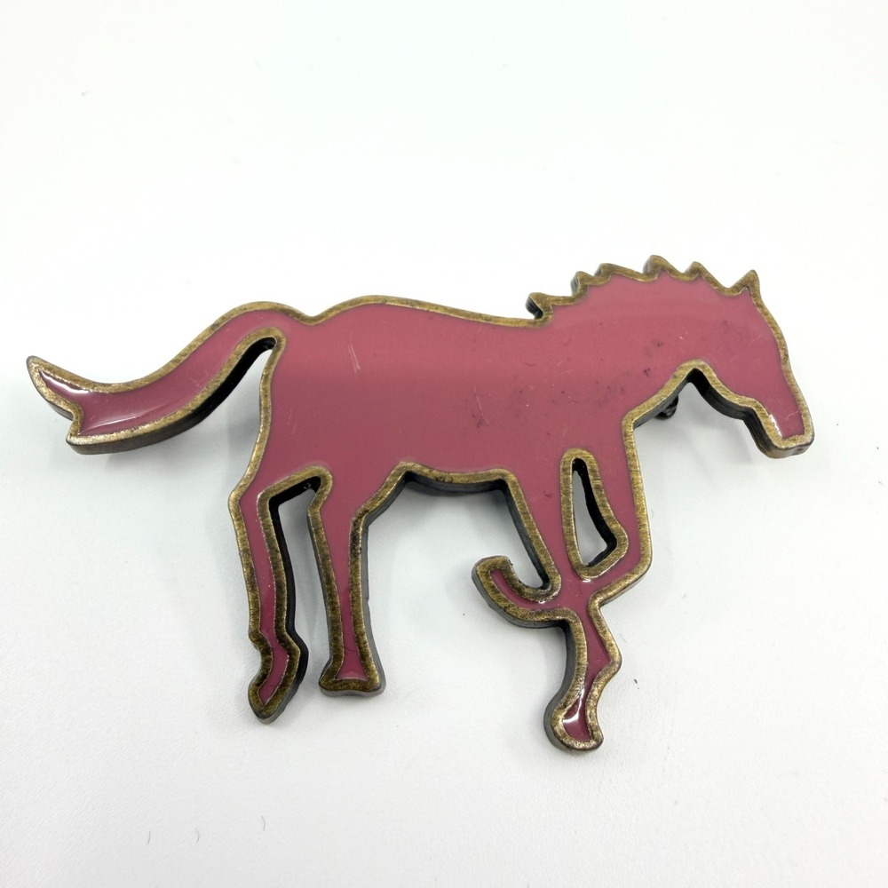 Vintage Retro Style Mauve Pink Enamel Running Horse Brooch Pin Bronze tone